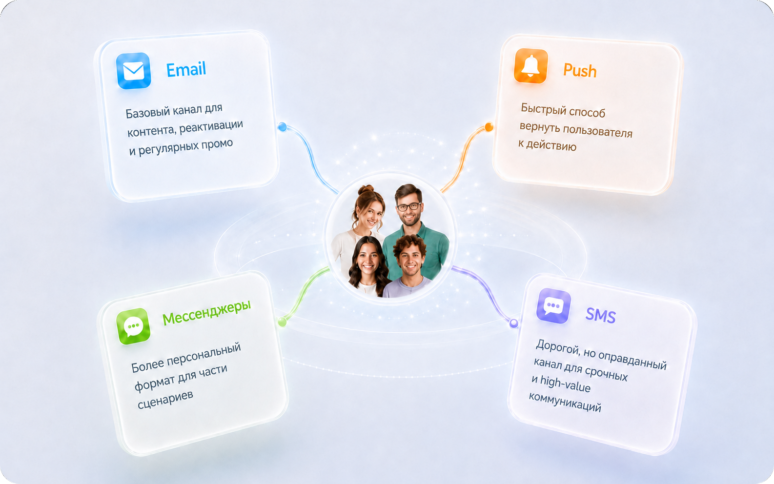 Роли каналов CRM-коммуникаций: email — базовый канал для контента, реактивации и промо; push — быстрый возврат пользователя к действию; мессенджеры — персональный формат; SMS — дорогой, но оправданный канал для срочных и high-value коммуникаций